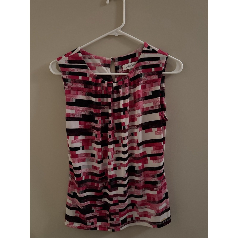 Calvin Klein Women's Pink Black Abstract Sleeveless Blouse Top Size Small